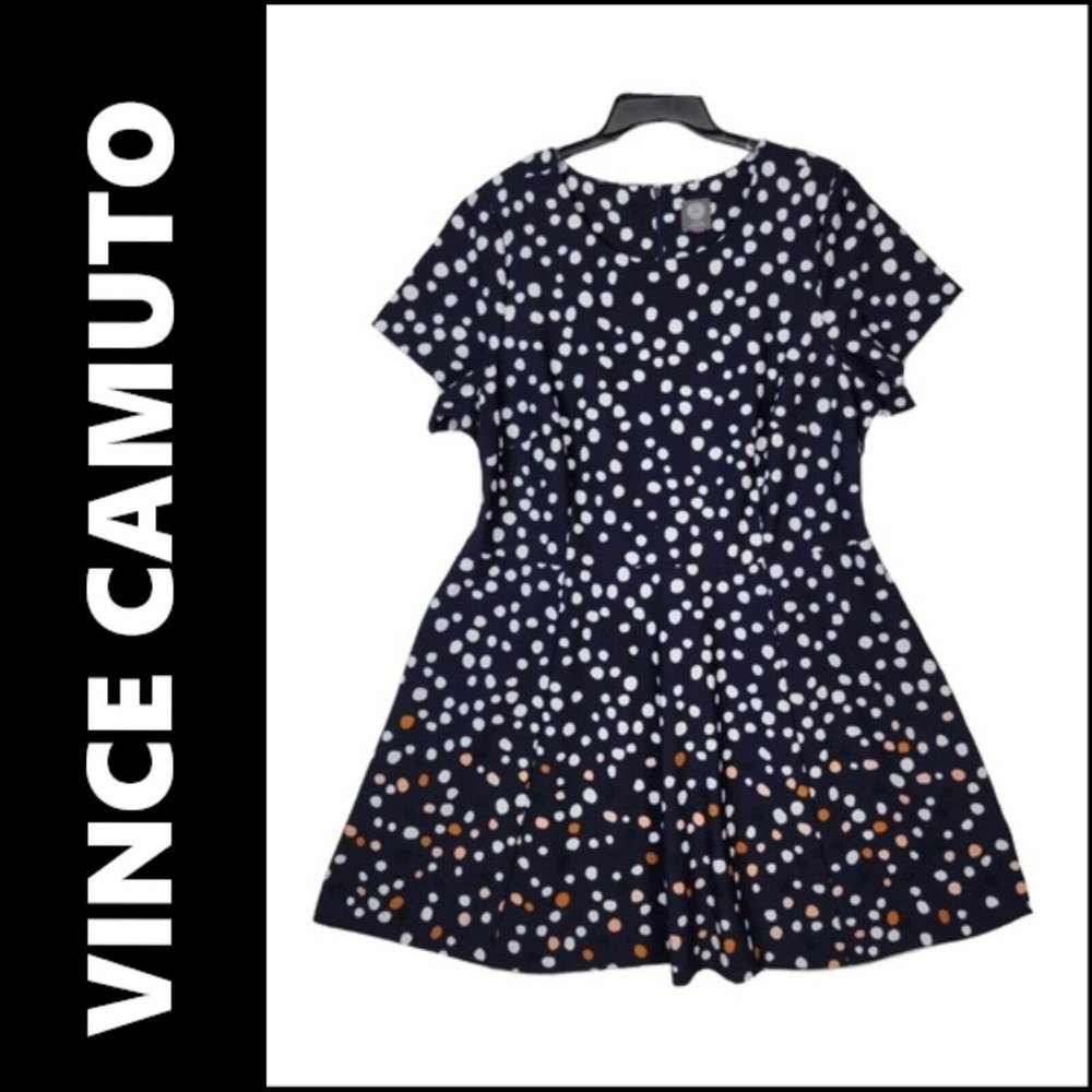 Vince Camuto Black Dress Size 3X Women Short Sleeve Fit & Flare Polka
